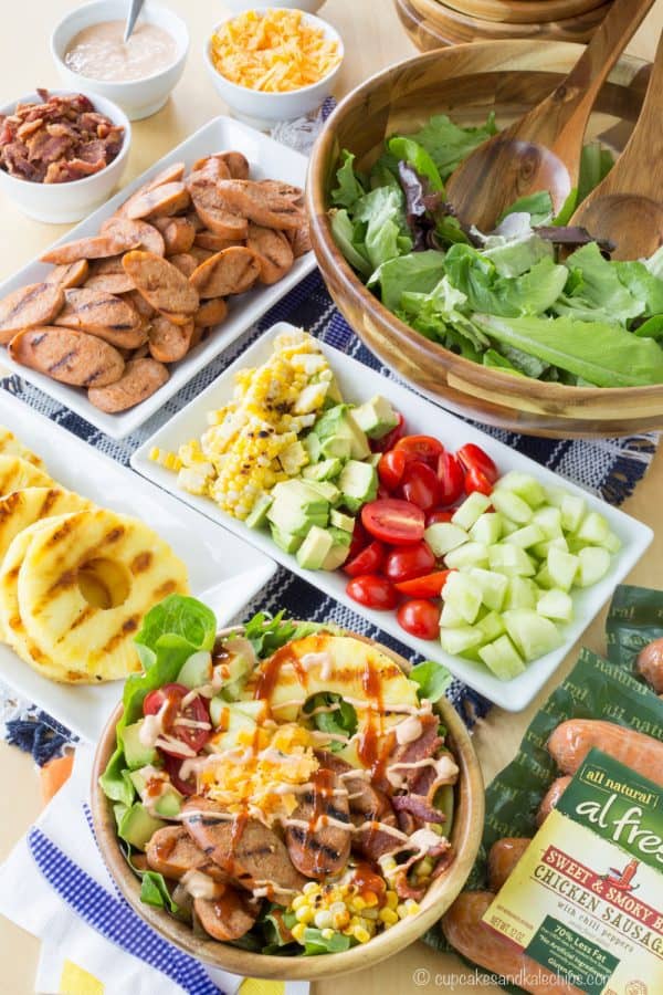 Sweet and Smoky BBQ Chicken Sausage Grilled Summer Salad - set up a salad bar filled with toppings from the grill including @alfrescogourmet Sweet & Smoky BBQ Chicken Sausage for easy summer entertaining! #grillalfresco #ad | cupcakesandkalechips.com | gluten free