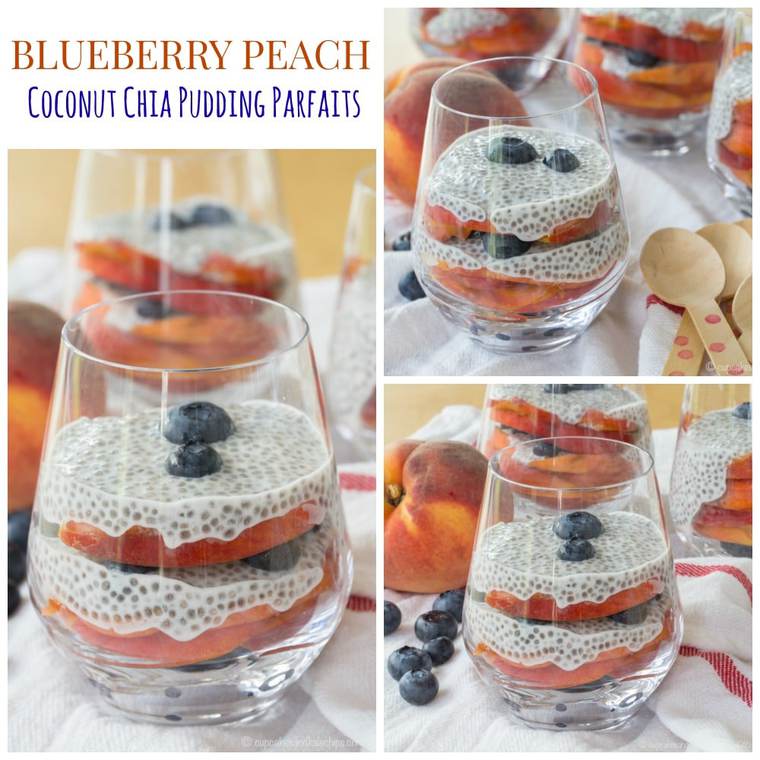 Photo collage of Blueberry and Peach Chia Pudding Parfaits.