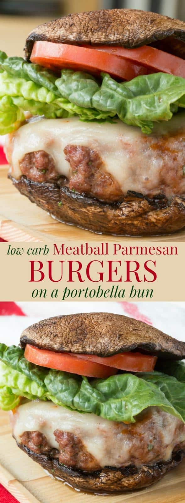 Meatball Parmesan Burgers - transform the classic Italian comfort food recipe into a juicy hamburger topped with tomato sauce and cheese on a portobella mushroom "bun" to make them low carb and gluten free. | cupcakesandkalechips.com