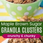 A bowl of granola clusters and the same bowl closeup.