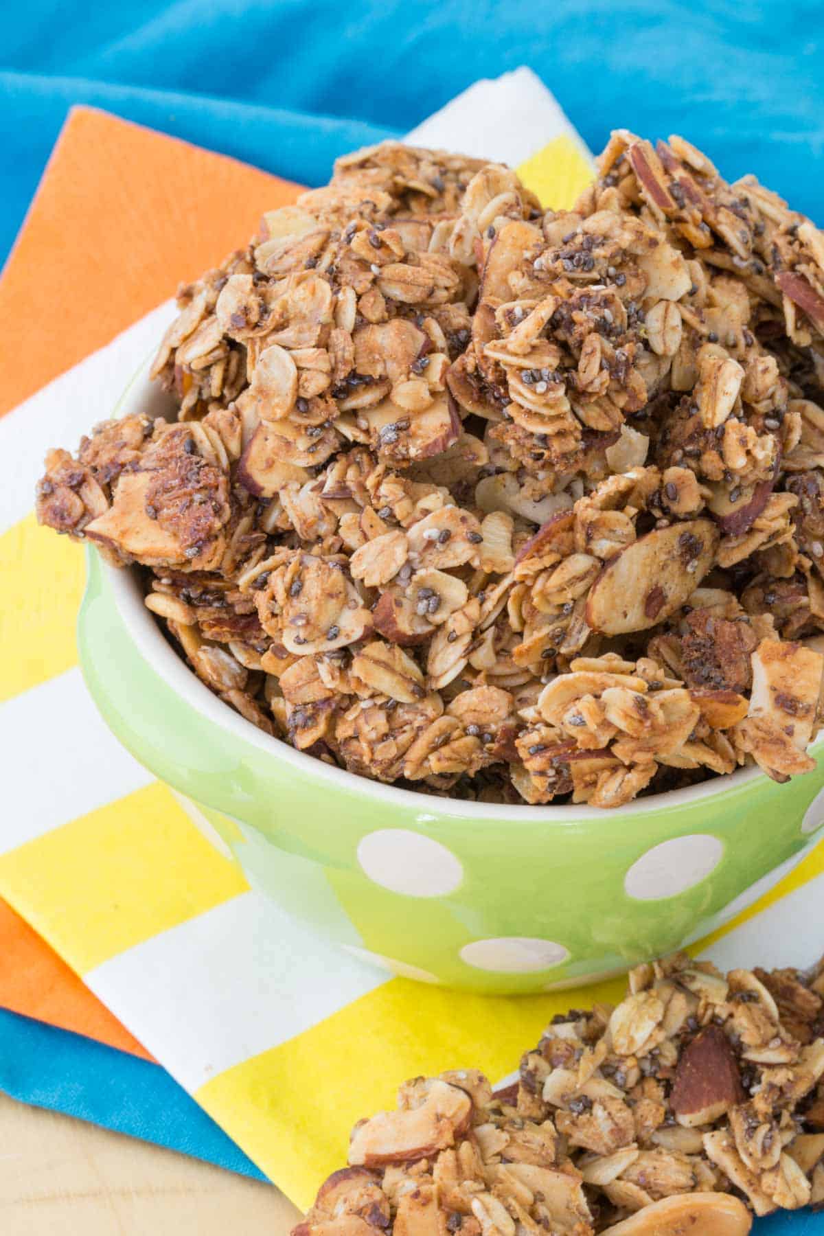 Looking down into a bowl of granola clusters.