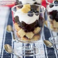 A mini blueberry and coconut cream trifle in a small glass.