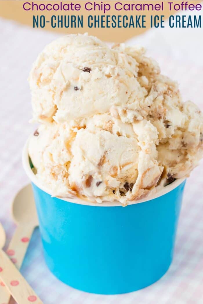 Chocolate Chip Caramel Toffee No-Churn Cheesecake Ice Cream Recipe Image with Title Text