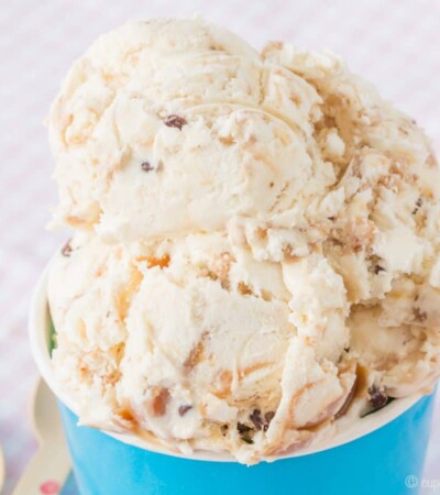 No-Churn Caramel Toffee Chip Cheesecake Ice Cream in a paper bowl