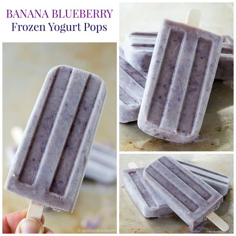 Photo collage featuring images of banana blueberry frozen yogurt popsicles.