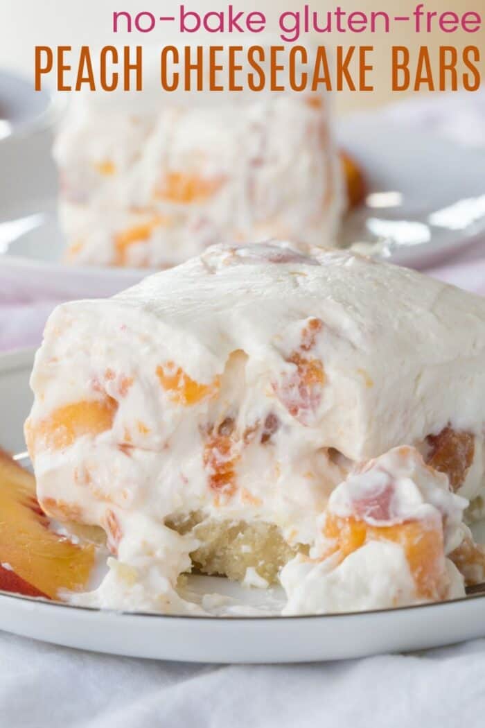 No-Bake Gluten-Free Peach Cheesecake Bars Recipe Image with Title