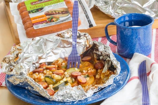 Cheddar Barbecue Sausage and Potato Foil Pack Dinner - a simple recipe with easy cleanup for cooking on a campfire or reliving camping memories at home made with @jvillesausage. Gluten free. #ad | cupcakesandkalechips.com