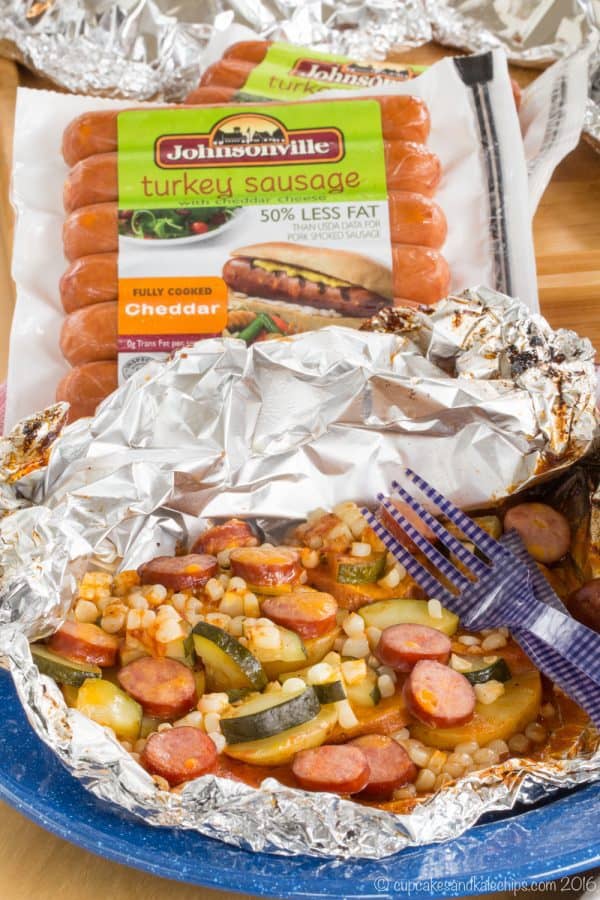 Cheddar Barbecue Sausage and Potato Foil Pack Dinner - a simple recipe with easy cleanup for cooking on a campfire or reliving camping memories at home made with @jvillesausage. Gluten free. #ad | cupcakesandkalechips.com