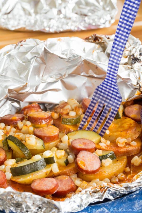 Cheddar Barbecue Sausage and Potato Foil Pack Dinner - a simple recipe with easy cleanup for cooking on a campfire or reliving camping memories at home made with @jvillesausage. Gluten free. #ad | cupcakesandkalechips.com