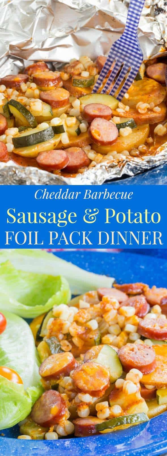 Cheddar Barbecue Sausage and Potato Foil Pack Dinner - a simple recipe with easy cleanup for cooking on a campfire or reliving camping memories at home made with @jvillesausage. Gluten free. #ad | cupcakesandkalechips.com