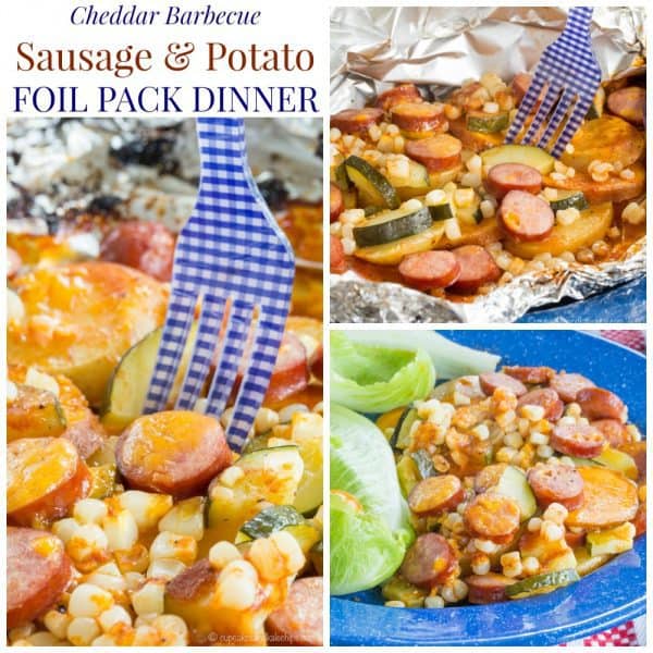 Cheddar Barbecue Sausage and Potato Foil Pack Dinner - a simple recipe with easy cleanup for cooking on a campfire or reliving camping memories at home made with @jvillesausage. Gluten free. #ad | cupcakesandkalechips.com