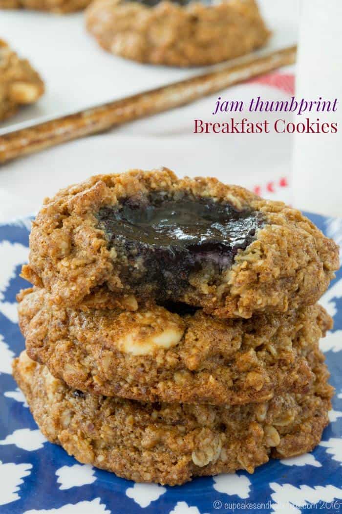 Jam Thumbprint Breakfast Cookies - start your day with this healthy cookie recipe that can even be made gluten free and dairy free. | cupcakesandkalechips.com