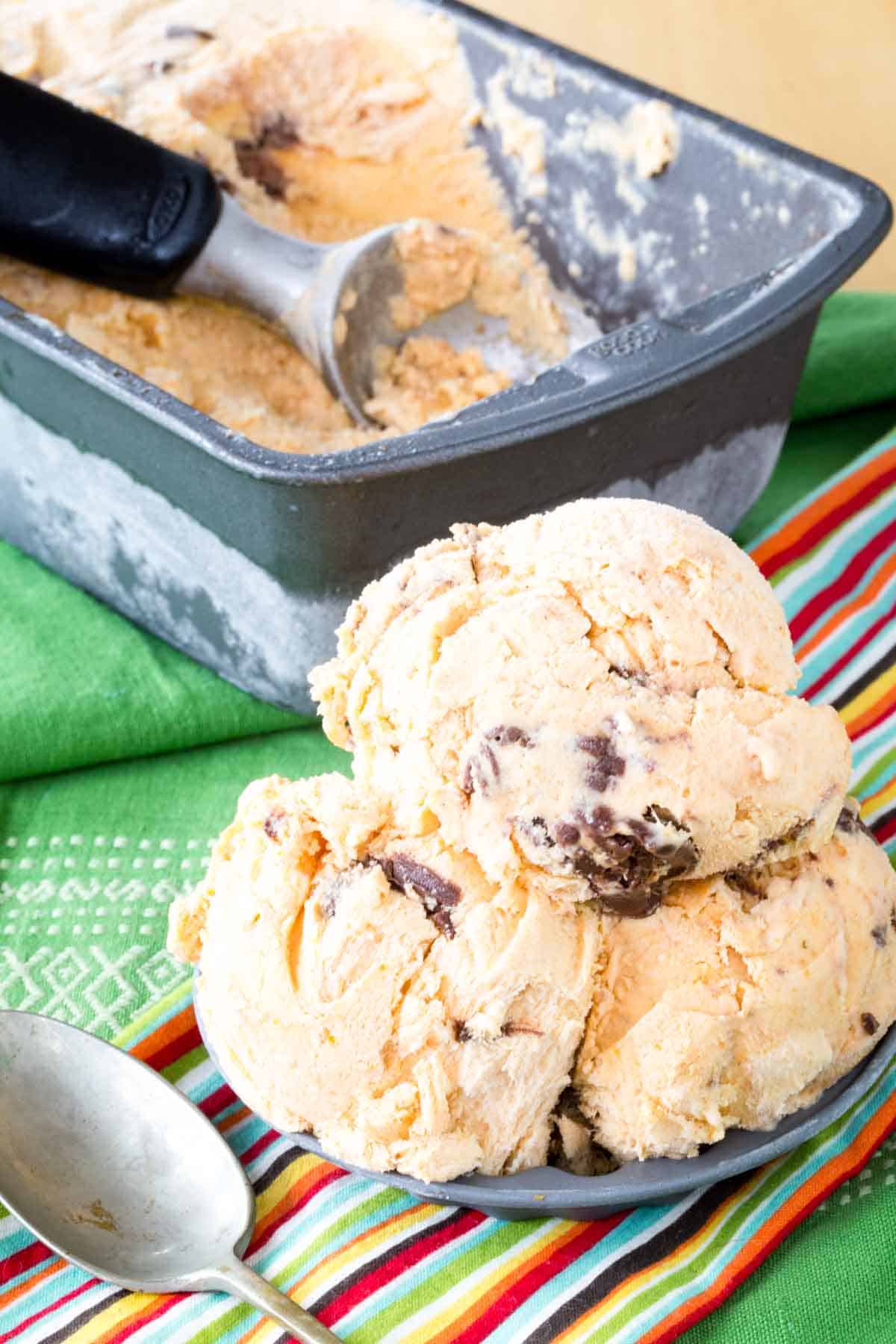 No-Churn Pumpkin Nutella Swirl Ice Cream scooped into a dish