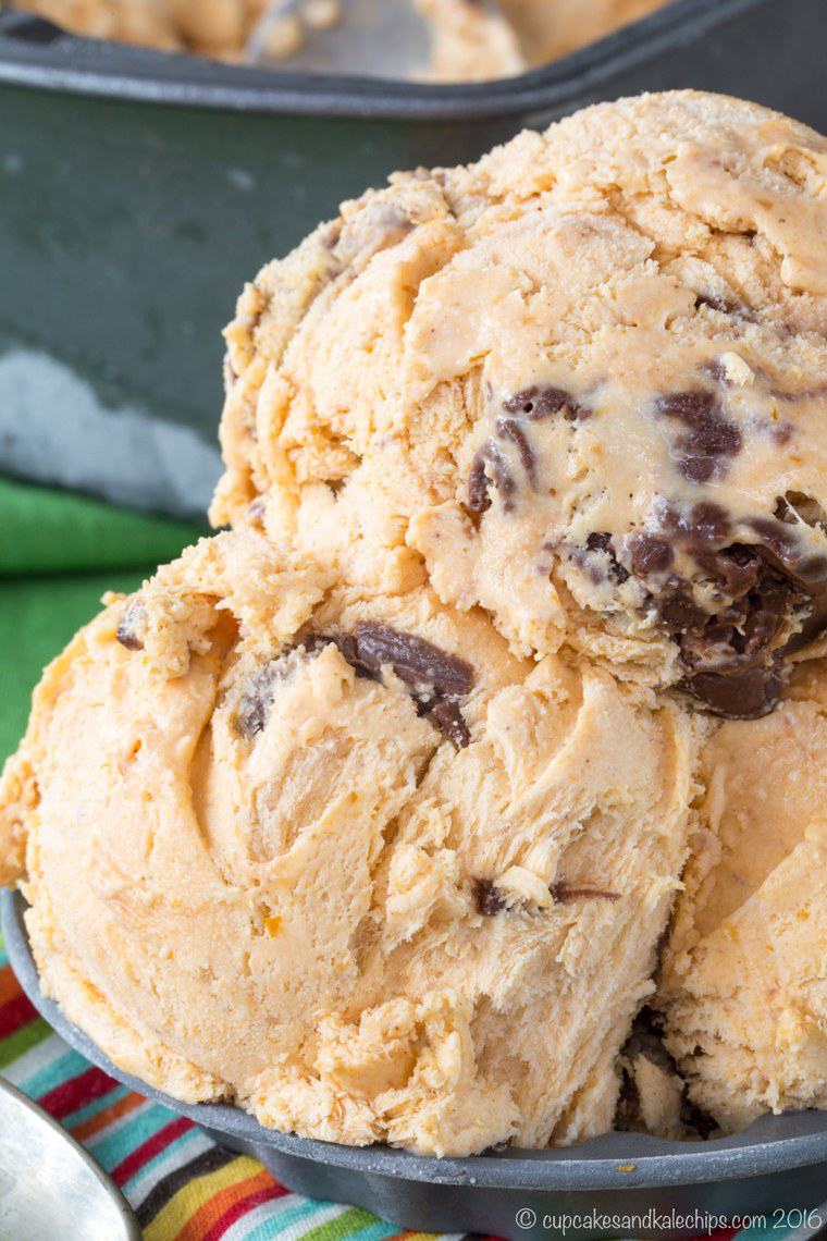 Closeup of No-Churn Pumpkin Ice Cream made with six ingredients and a Nutella swirl