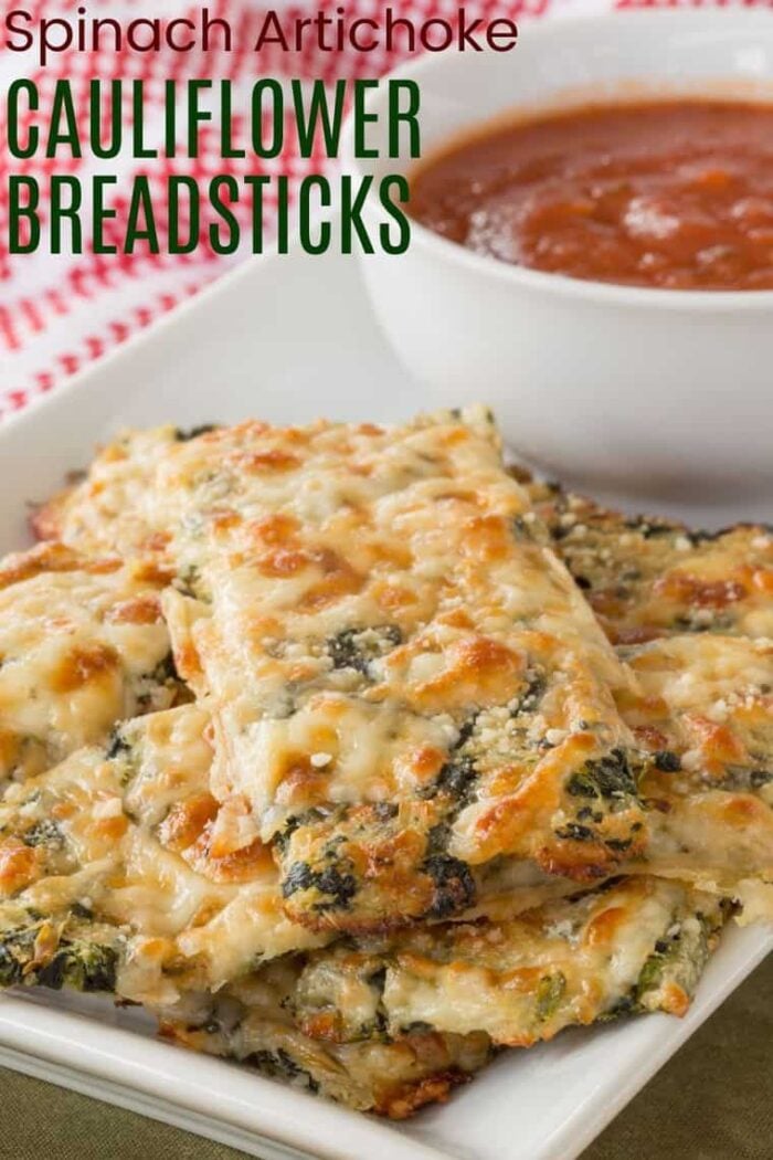 Spinach Artichoke Cauliflower Breadsticks Recipe Image with Title