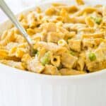 Baked pumpkin penne is served from a baking dish.