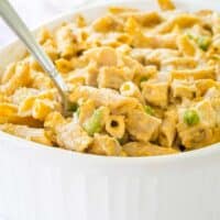 Baked pumpkin penne is served from a baking dish.