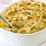 Baked penne pasta with pumpkin cream sauce and chicken sausage is a hearty, healthy, and comforting fall pasta casserole recipe. It's gluten-free, too!