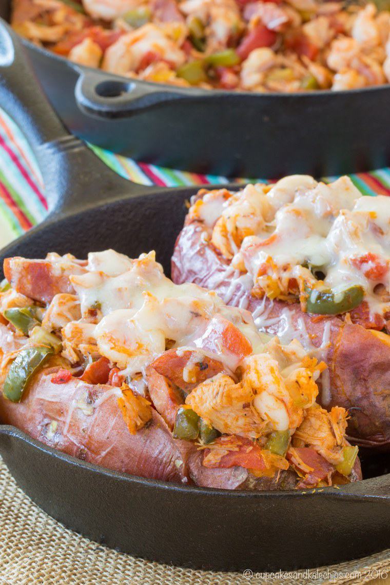 Jambalaya Stuffed Baked Sweet Potatoes - an easy and healthy twist on the classic Cajun recipe. Gluten free and paleo option.