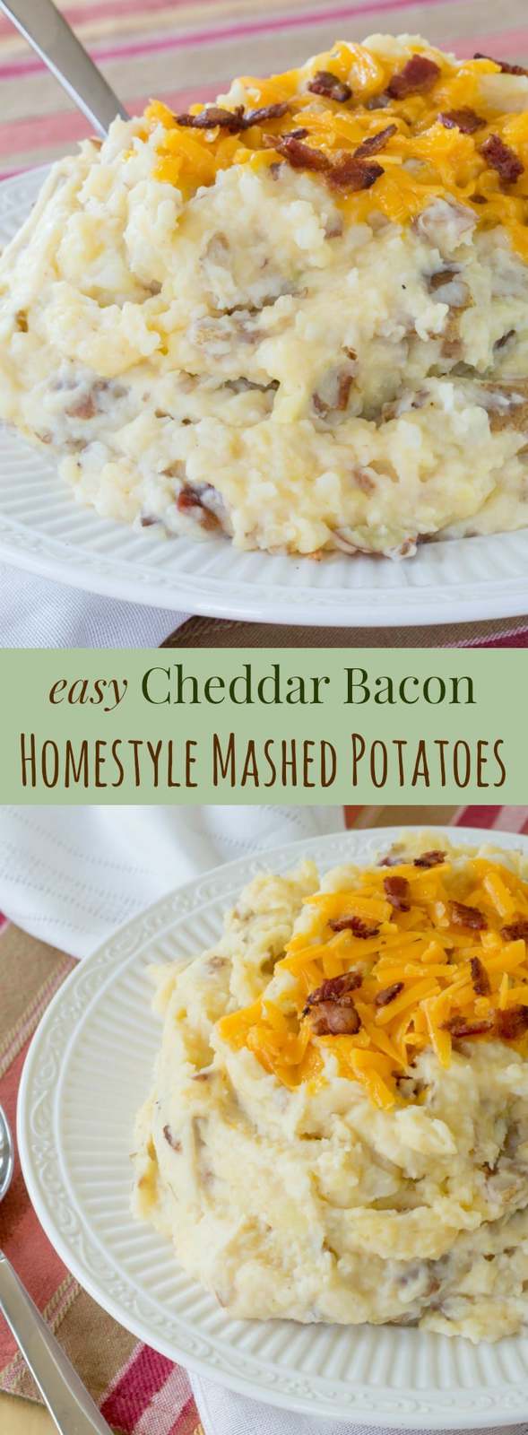Homestyle Cheddar Bacon Mashed Potatoes - an easy side dish recipe lightened up with Greek yogurt, but still loaded with bacon and cheese. These cheesy bacon mashed potatoes will be a family favorite! #mashedpotatoes #bacon #glutenfree