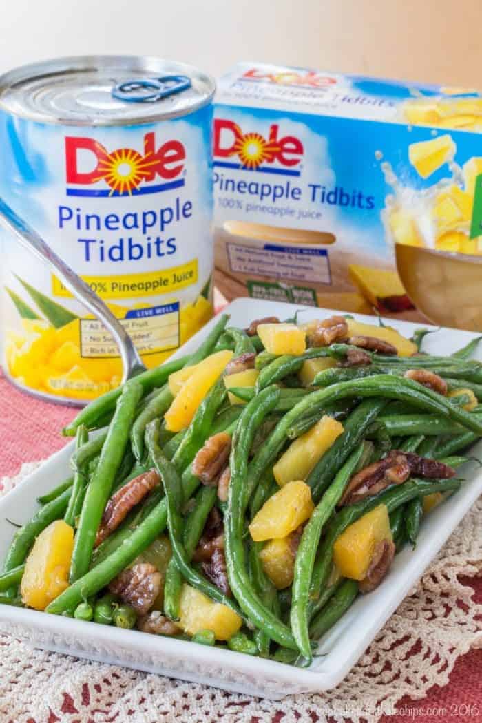 Pineapple Pecan Glazed Green Beans is an easy holiday side dish for Thanksgiving or Christmas made with Dole Pineapple Tidbits