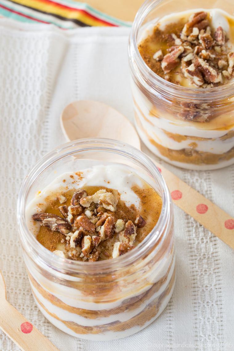 Overhead of healthy pumpkin pie parfaits