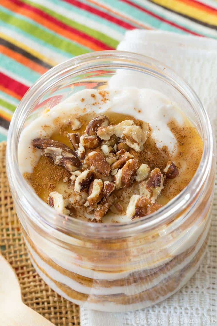 Overhead closeup of Pumpkin Pie Parfaits with Greek Yogurt and Pecans