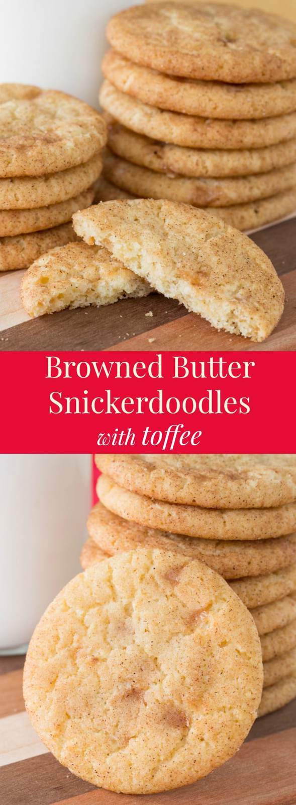 Browned Butter Snickerdoodles with Toffee - a new twist on your favorite classic cookie recipe with the nutty taste of brown butter and Heath bar bits. Add them to your Christmas cookies baking plans! #snickerdoodles #cookies #christmascookies #brownbutter #brownedbutter