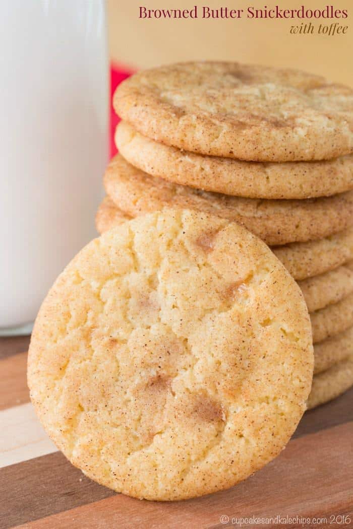Browned Butter Snickerdoodles with Toffee - a new twist on your favorite classic cookie recipe. This Toffee Brown Butter Snickerdoodles recipe is perfect for holiday baking!