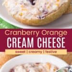 A bagel covered with flavored cream cheese and a small knife in a white bowl filled with it divided by a maroon box with text that says "Cranberry Orange Cream Cheese" and the words sweet, creamy, and festive.