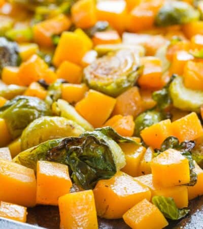 Maple Roasted Brussel Sprouts and Butternut Squash on a sheet pan.