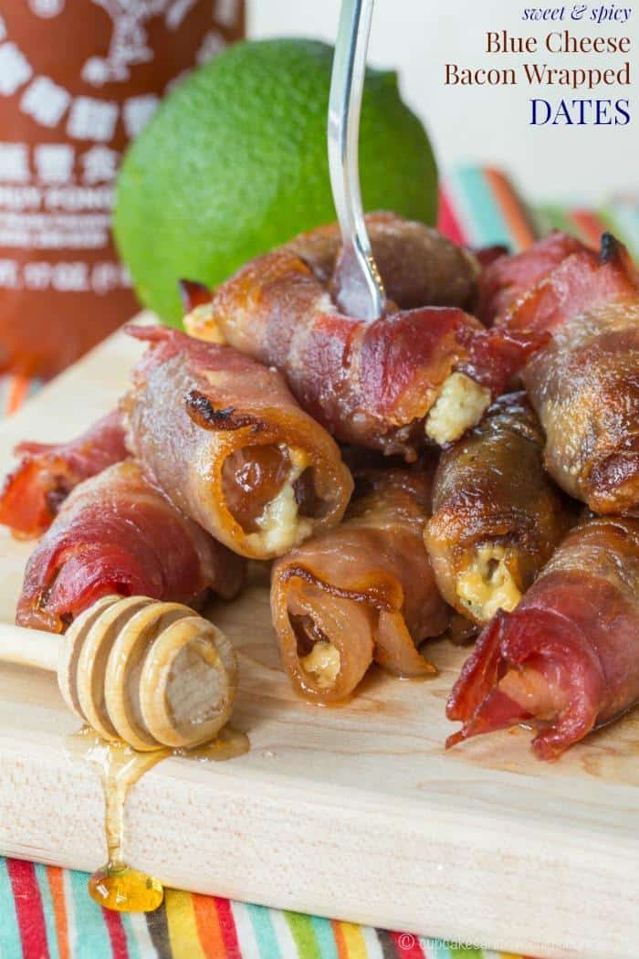 Sweet and Spicy Blue Cheese Bacon Wrapped Dates coated in a honey lime sriracha glaze will be your new favorite gluten free party appetizer recipe!