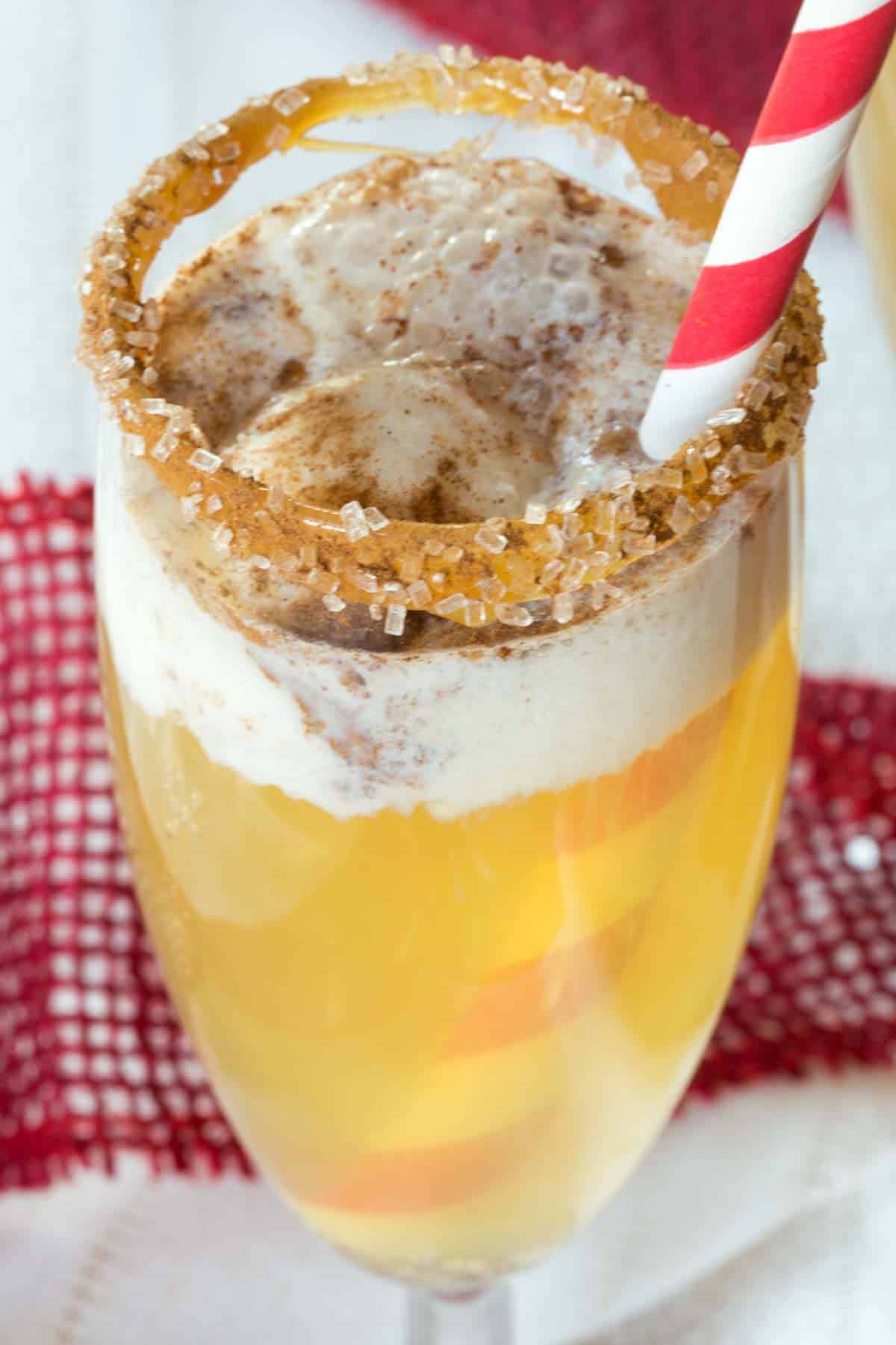 A closeup of the ice cream floating in the apple cider float.