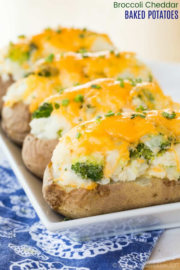 Broccoli Cheddar Baked Potatoes are sure to become your family's new favorite side dish. Everyone loves a classic baked potato, but it's even better when these twice baked potatoes are stuffed with broccoli and cheese, then topped with more melted cheddar cheese. #cupcakesandkalechips #bakedpotatoes #stuffedbakedpotatoes #sidedish #glutenfree #broccoli #cheese #cheddarcheese #meltedcheese