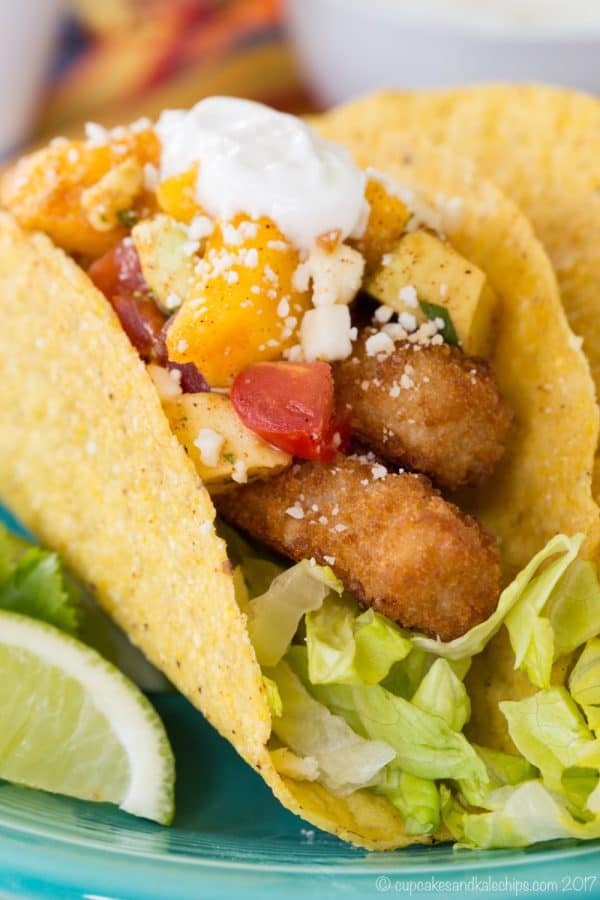 Closeup of Chili Lime Fish Stick Tacos with Mango Avocado Salsa