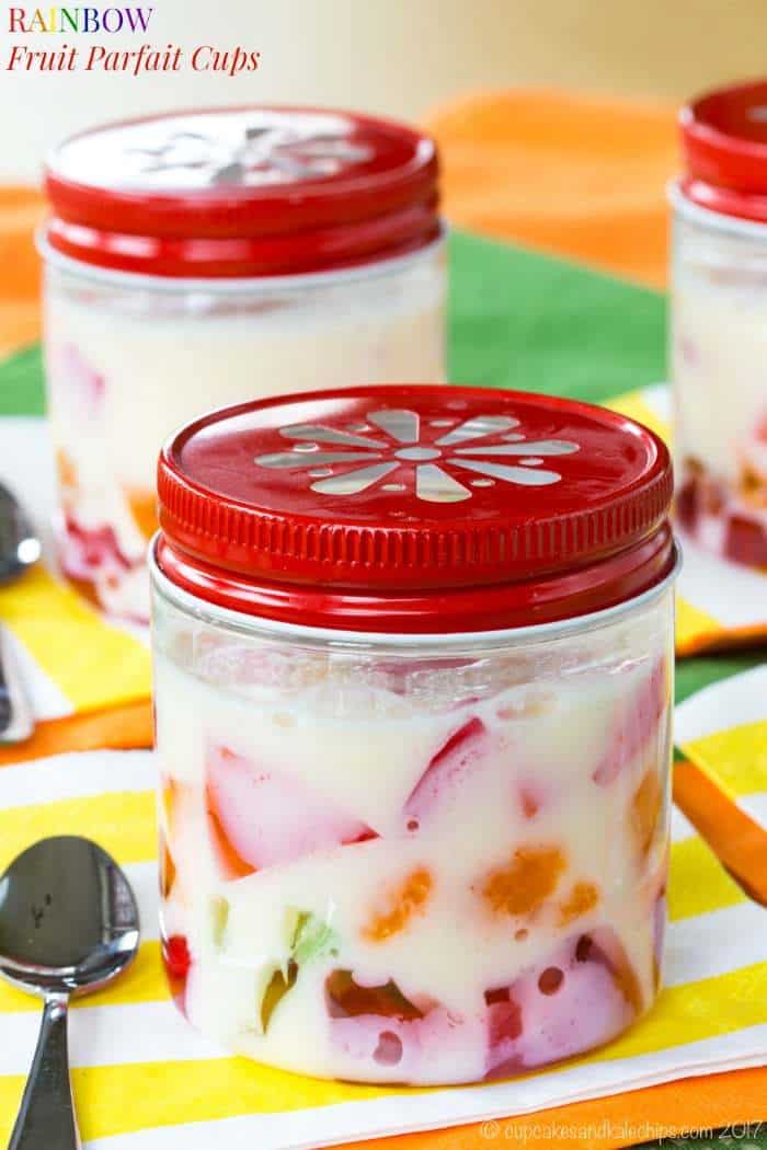 Rainbow Gel Fruit Parfait Cups - a fun treat made easy with @dolesunshine. Perfect for St. Patrick's Day, Easter, birthday, and spring!