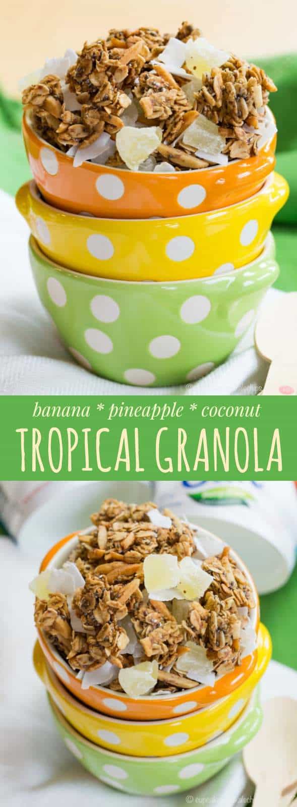 Pineapple Coconut Tropical Granola - a simple sweet breakfast or snack. Can be made gluten-free, dairy-free, and vegan, then use it to top @LoveMySilk Almond Dairy-Free Yogurt Alternative. #ad