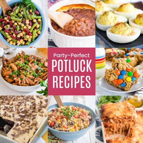 A three-by-three collage of three bean salad, pasta salad, deviled eggs, cake, and more with a pink box in the middle with text that says "Party-Perfect Potluck Recipes".