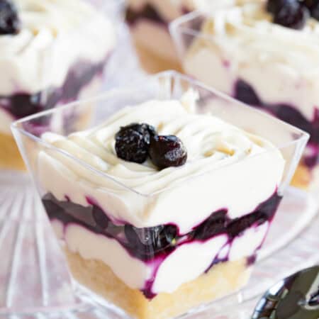 One blueberry cheesecake cup with a spoon next to it and a few more blurred in the background.