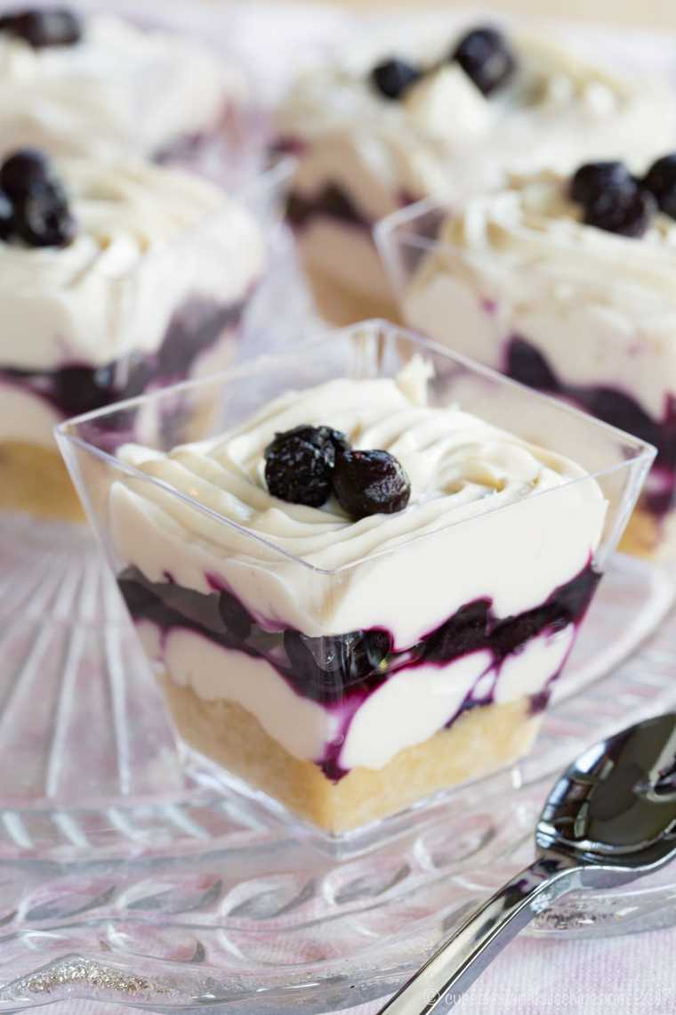 Mini blueberry cheesecake parfaits.