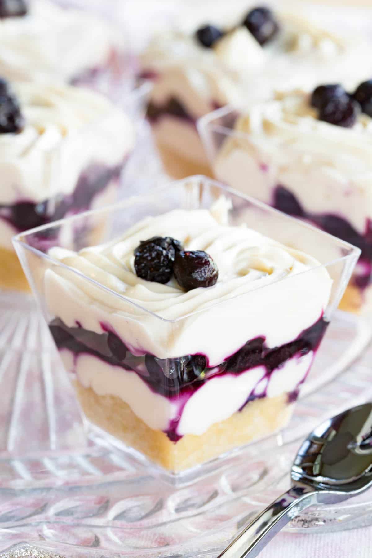 Mini blueberry cheesecake parfaits.