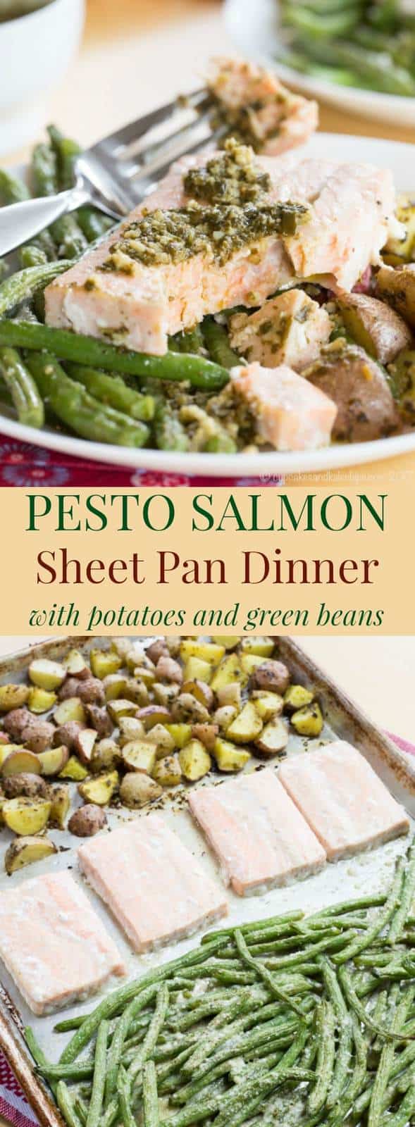 Pesto Salmon Sheet Pan Dinner with Potatoes and Green Beans - an easy dinner recipe that's ready in less than forty minutes with only one pan to clean up. This seafood sheet pan meal made with @GortonsSeafood is a healthy and gluten free addition to your weekly meal plan. #AD