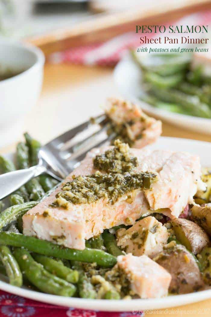 Pesto Salmon Sheet Pan Dinner with Potatoes and Green Beans - an easy dinner recipe that's ready in less than forty minutes with only one pan to clean up. This seafood sheet pan meal made with @GortonsSeafood is a healthy and gluten free addition to your weekly meal plan. #AD