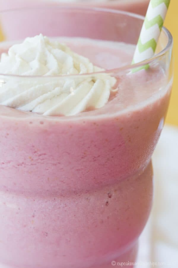 Strawberries and Cream Frappe with Whipped Coconut Cream - a healthier alternative to those fruity frozen drinks from your favorite coffee shop made without added sugar thanks to @wholesomesweet Stevia. #ad