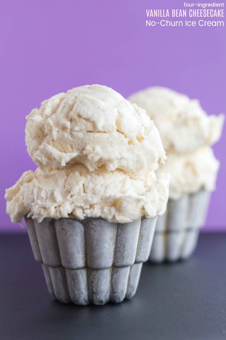 Vanilla Bean Cheesecake No-Churn Ice Cream - only four ingredients and no ice cream maker needed for this easy frozen dessert recipe that tastes like cheesecake! #cupcakesandkalechips #icecream #nochurnicecream #glutenfree #dessert #cheesecake #vanilla #vanillaicecream #icecreamrecipe