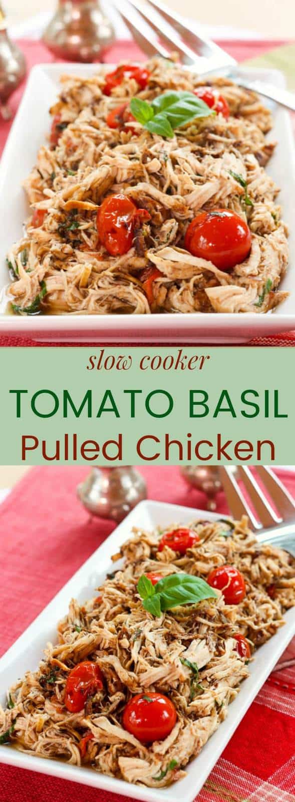 Slow Cooker Tomato Basil Pulled Chicken - a healthy and easy chicken dinner recipe from your crockpot. Serve over pasta or rice, or keep it gluten free, low carb, and paleo with cauliflower rice or zoodles. #slowcooker #chickenrecipe #glutenfree #paleo #whole30 #lowcarb #ketogenicdiet #chicken