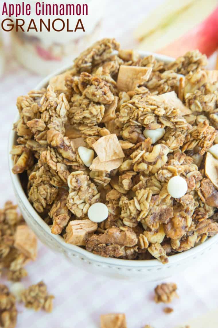 Homemade Apple Cinnamon Granola Recipe overhead in a bowl