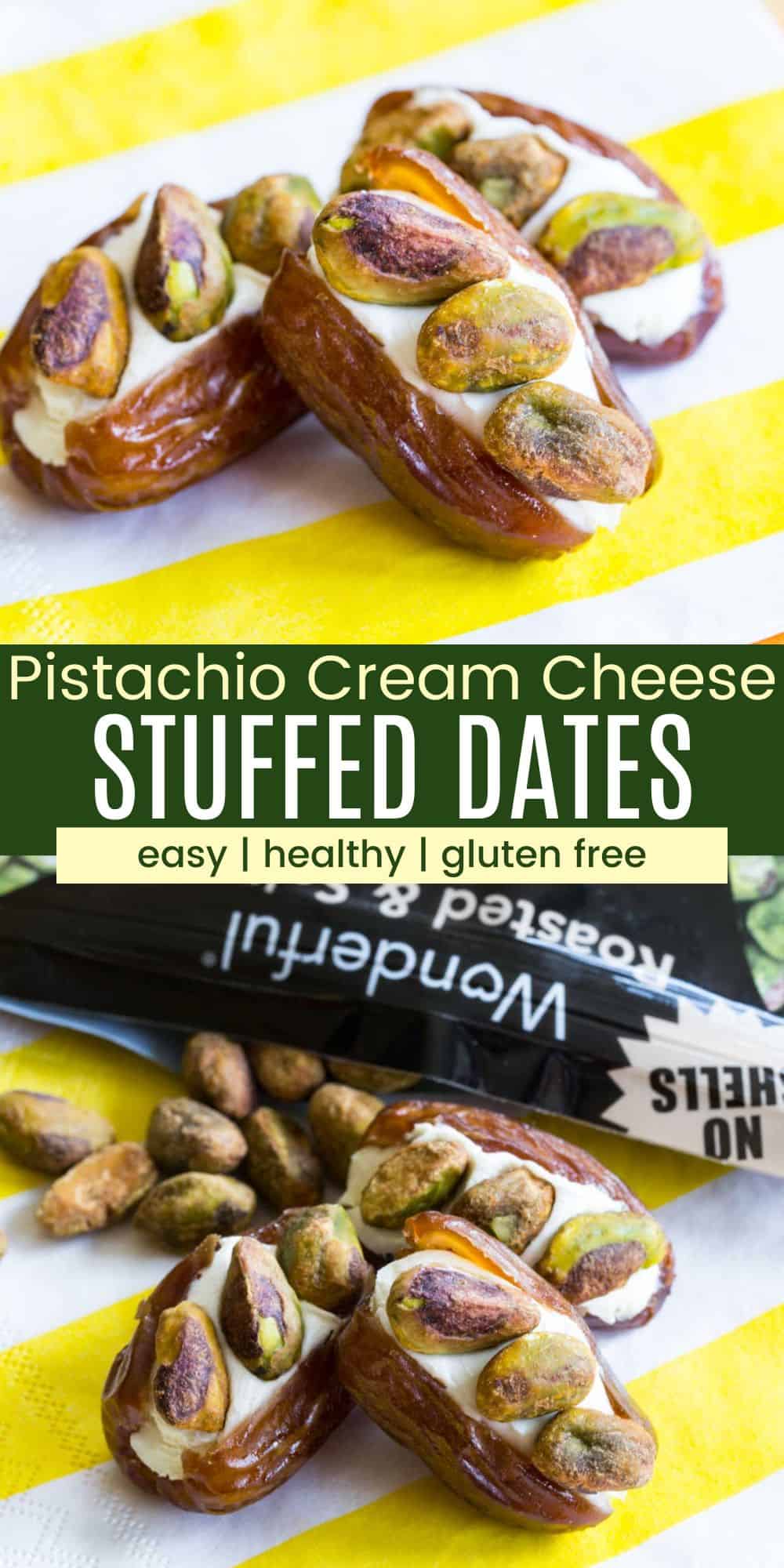Pistachio Cream Cheese Stuffed Dates - an easy snack recipe with only three ingredients. A simple lunchbox or after school snack, or serve on a fruit and cheese platter for a party appetizer.