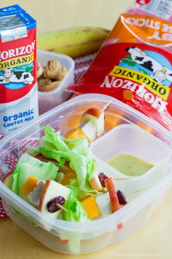 Apple Chicken Salad Skewers in a lunchbox with Horizon Organic products