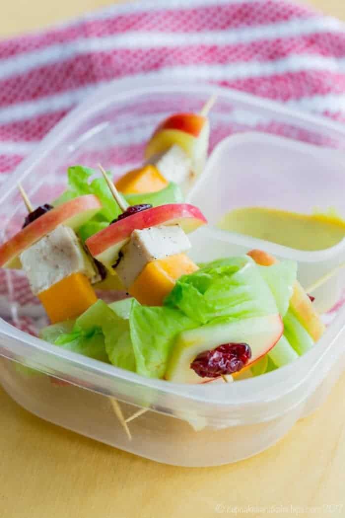 Apple Chicken Salad on a Stick packed in a school lunch
